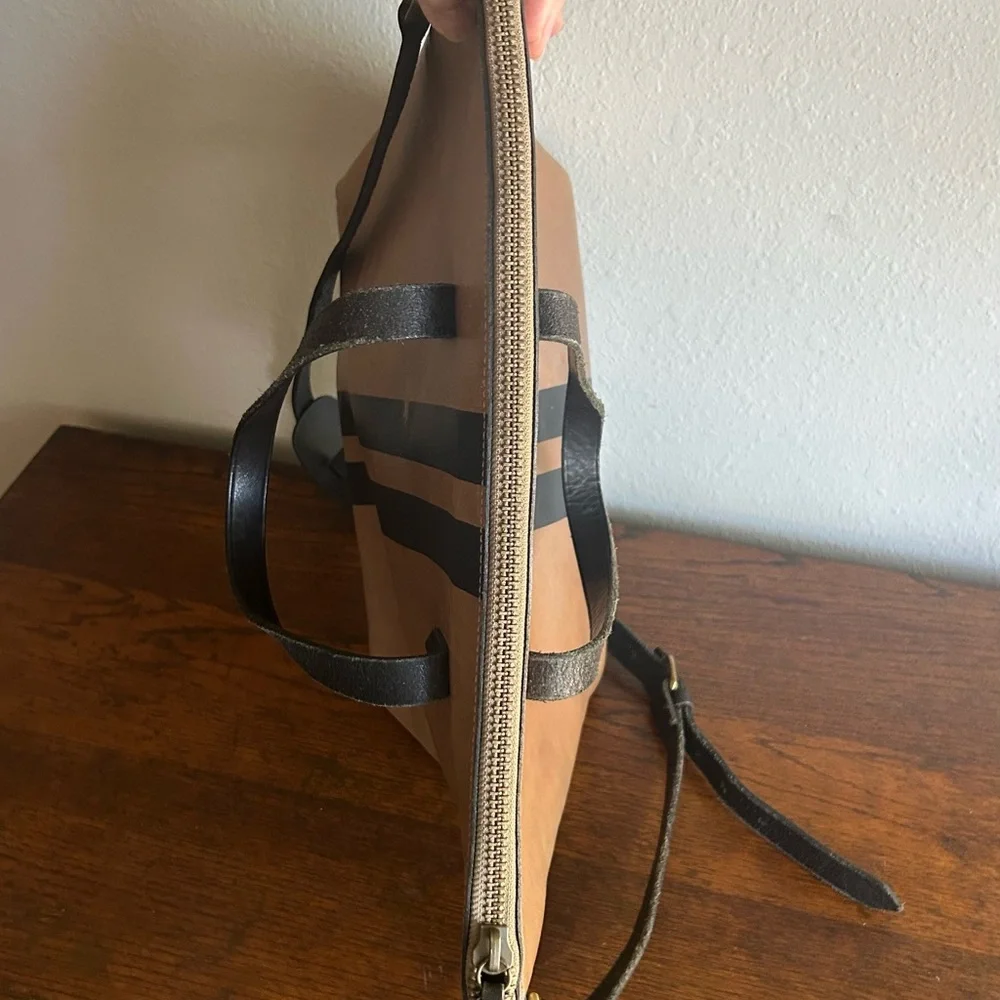 Madewell Black Stripe Brown Leather Medium Tote Crossbody Purse Preppy Old Money - Picture 8 of 11